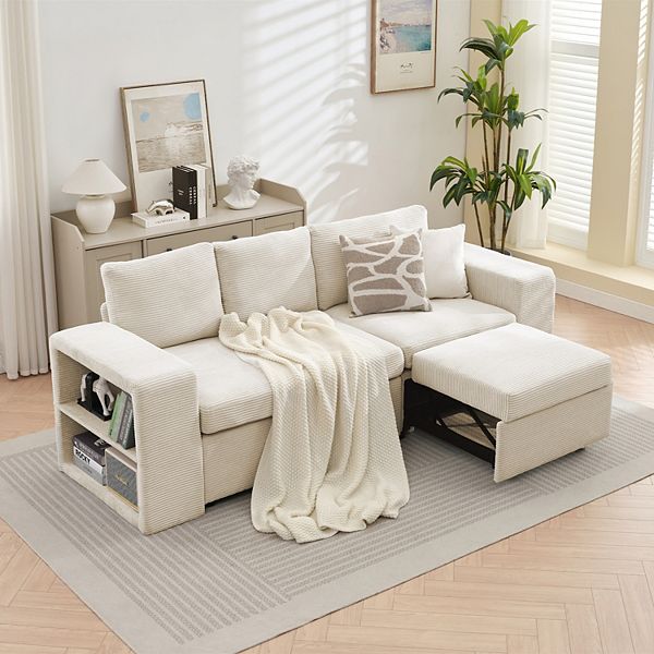 L-shaped Corduroy Push-Pull Sofa Bed, 2 Extra Footstools and Side Storage Shelf - Off White