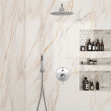 Mondawe Round 3-Outlets Patterns Shower Faucets Set with 10” Wall Mount Dual Shower Handheld