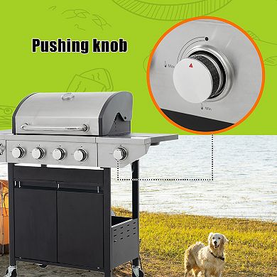 5 Burner Stainless Steel Propane Gas Grill with Lid Grill 1 Bracket 4 Wheels