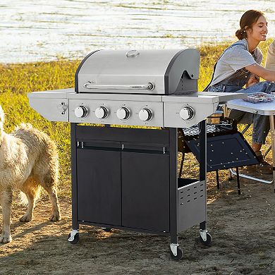5 Burner Stainless Steel Propane Gas Grill with Lid Grill 1 Bracket 4 Wheels