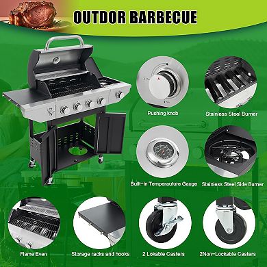5 Burner Stainless Steel Propane Gas Grill with Lid Grill 1 Bracket 4 Wheels