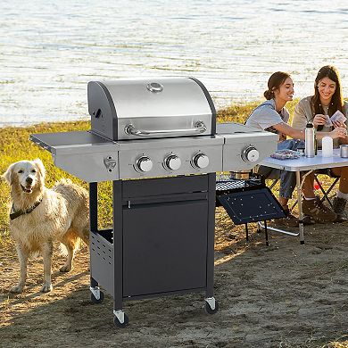 4 Burner Stainless Steel Propane Gas Grill with Lid 1 Bracket 4 Wheels