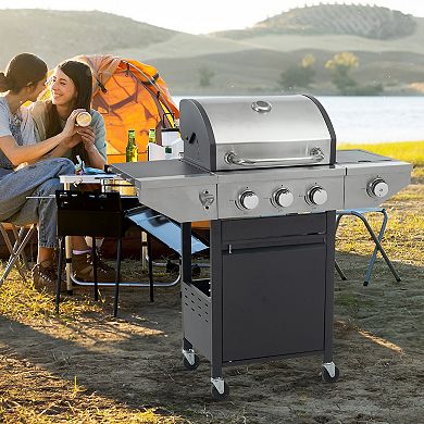 4 Burner Stainless Steel Propane Gas Grill with Lid 1 Bracket 4 Wheels