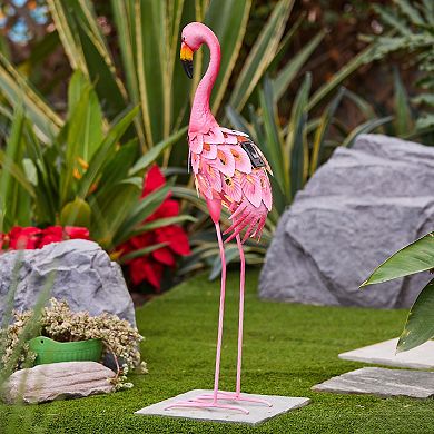 LuxenHome 34-Inch H Pink Flamingo Outdoor Metal Garden Statue