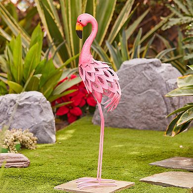 LuxenHome 34-Inch H Pink Flamingo Outdoor Metal Garden Statue