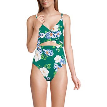 Women's Lands' End Long Wrap Monokini One-Piece High Leg Swimsuit