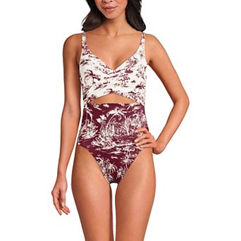 Women's Lands' End Long Wrap Monokini One-Piece High Leg Swimsuit