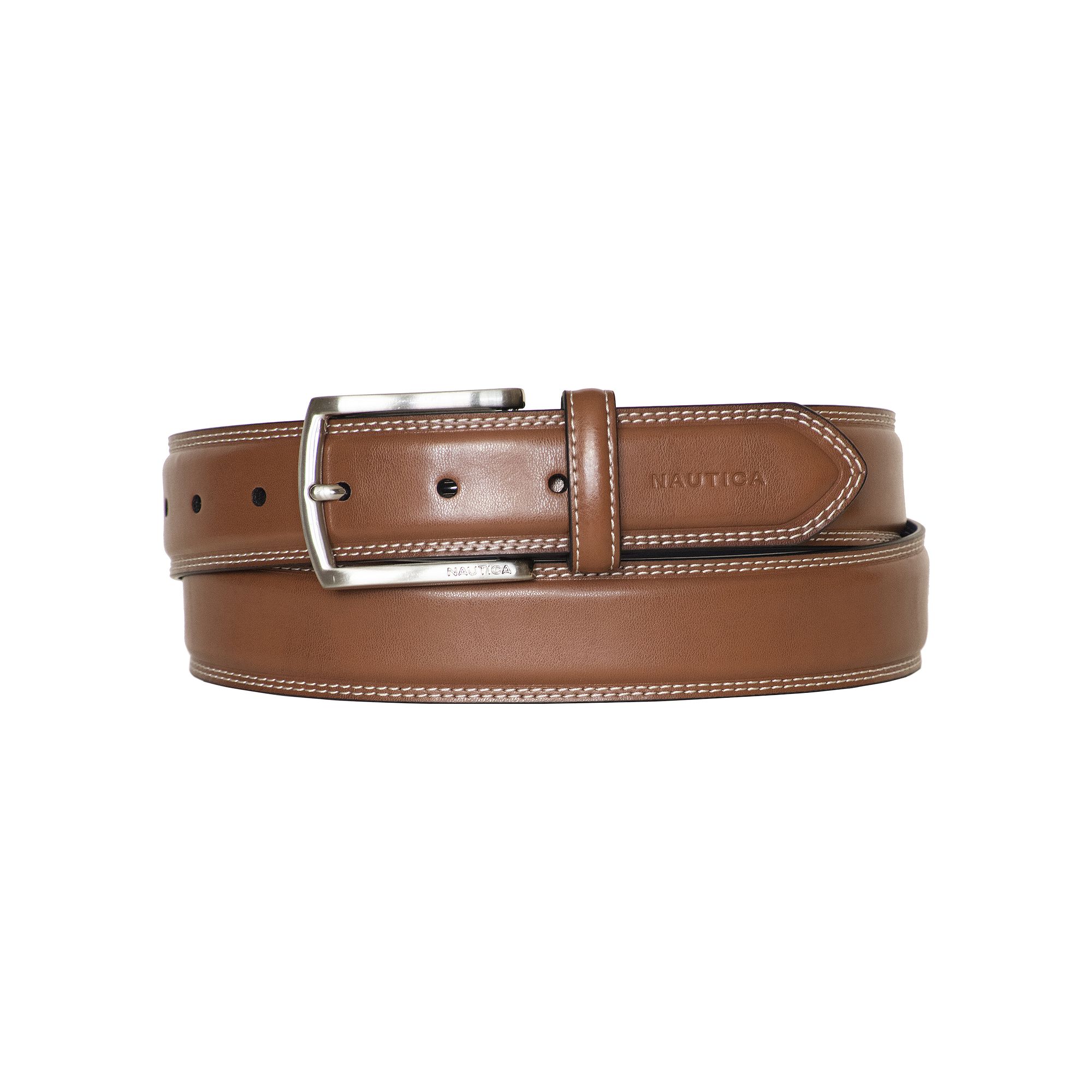 Mens Nautica Inlay Logo Signature Leather Belt, Size: 32, Brown