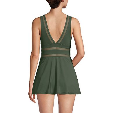 Women's Lands' End Mesh V-Neck Mini Swim Dress Swimsuit