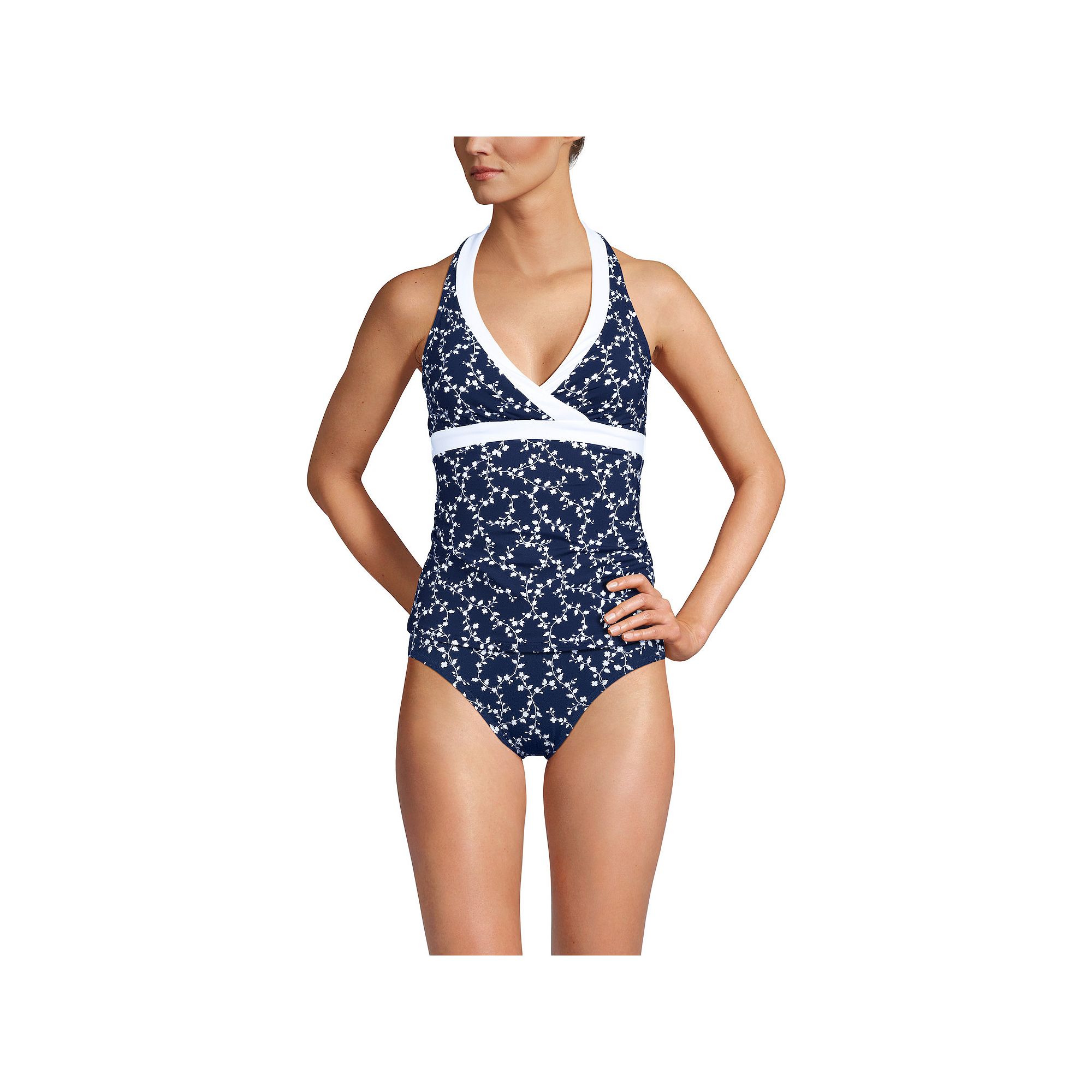 Petite Lands End V-Neck Halter Swim Top, Womens, Size: Small Petite, Navy