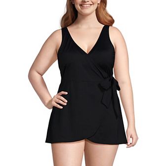 Plus Size Lands' End V-Neck Side Tie Mini Swim Dress Swimsuit