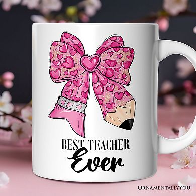 Pencil Coquette Teacher Bow Mug, Cute Appreciation Present, Back To School Gift