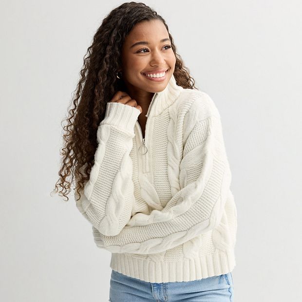 Juniors' SO® Cable Quarter Zip Sweater