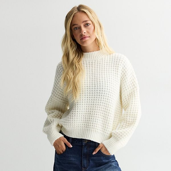 Juniors’ SO® Balloon Sleeve Waffle Sweater