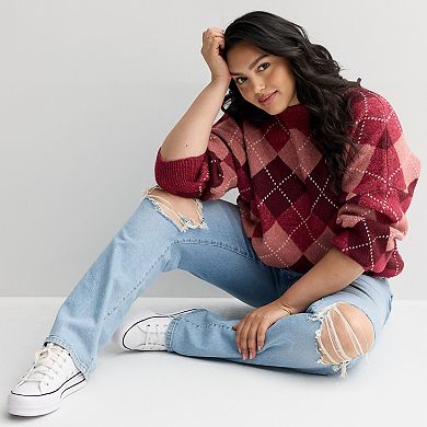 Juniors' Plus Size SO® Waffle Balloon Sleeve Sweater