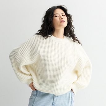 Juniors' Plus Size SO® Waffle Balloon Sleeve Sweater