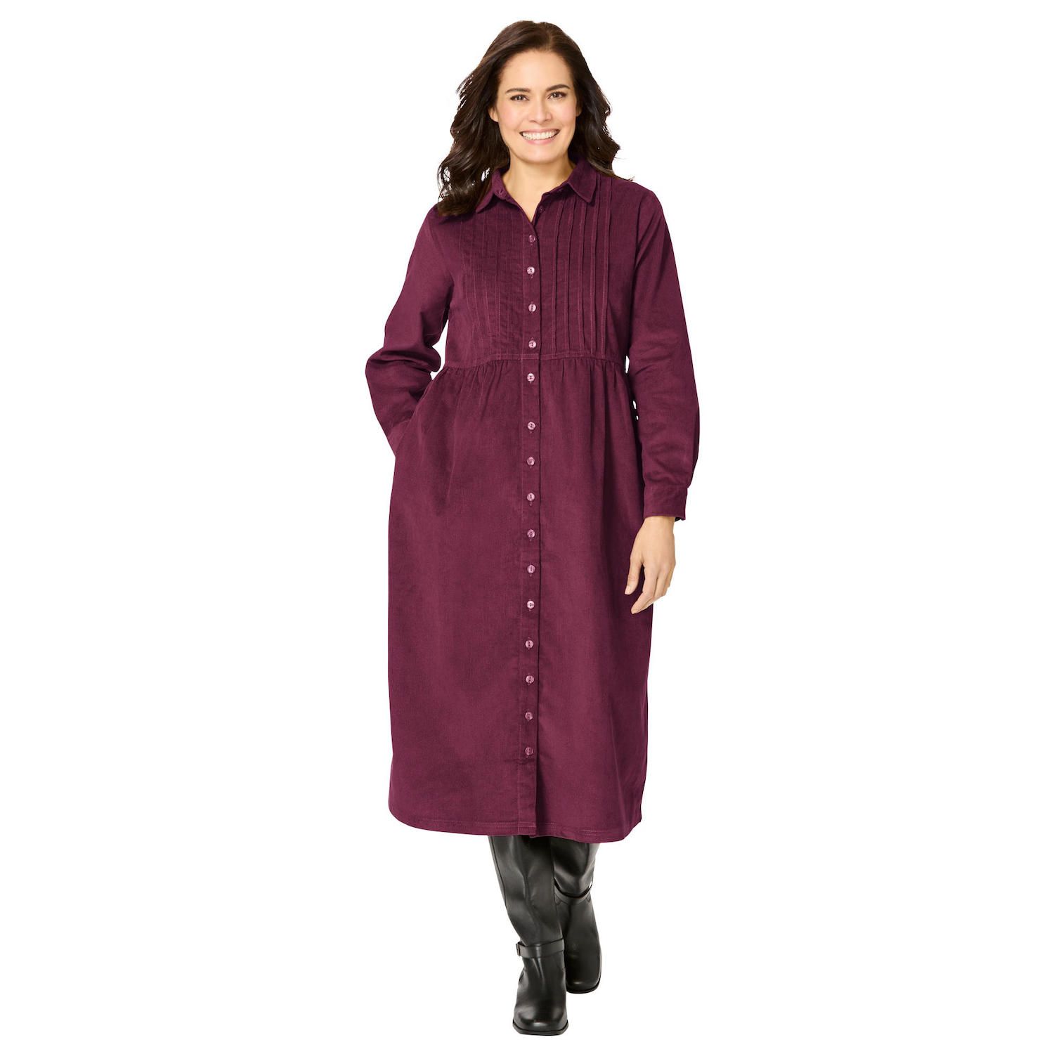 Женское платье Woman Within Plus Size Petite Button Front Corduroy, цвет: Сосновый — фото 1