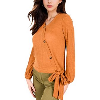 Women's Ribbed Wrap Top with Side Tie and Button Details