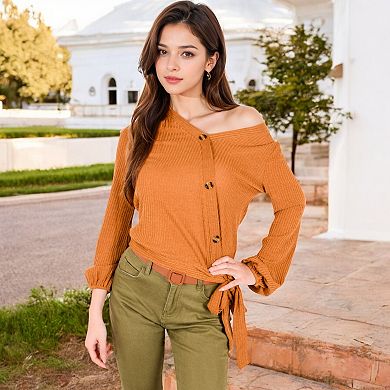 Women's Ribbed Wrap Top with Side Tie and Button Details