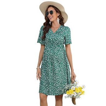 Womens Casual V Neck A Line Swing Wrap Maternity Dress Flowy Midi Maternity Dress for Baby Shower