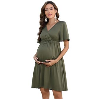 Womens Casual V Neck A Line Swing Wrap Maternity Dress Flowy Midi Maternity Dress for Baby Shower