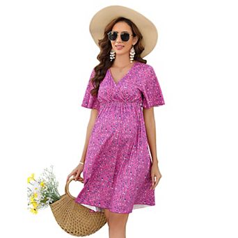 Womens Casual V Neck A Line Swing Wrap Maternity Dress Flowy Midi Maternity Dress for Baby Shower