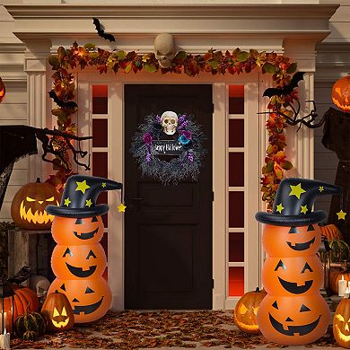 22" Halloween Wreath for Front Door, with Lights, Black, Blue, Purple Flowers