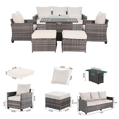 6 Pieces Outdoor Patio Furniture Set Sofa with Fireplace Table For Porch Balcony and Patio