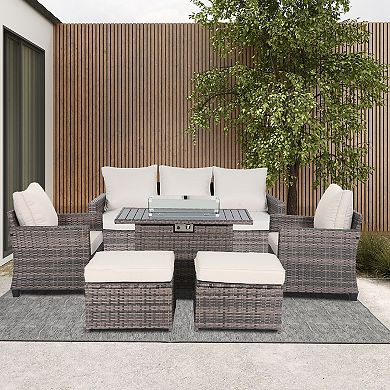 6 Pieces Outdoor Patio Furniture Set Sofa with Fireplace Table For Porch Balcony and Patio