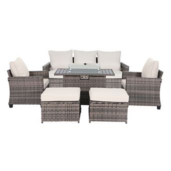 6 pc Outdoor Patio Furniture Set Sofa with Fireplace Table For Porch Balcony and Patio
