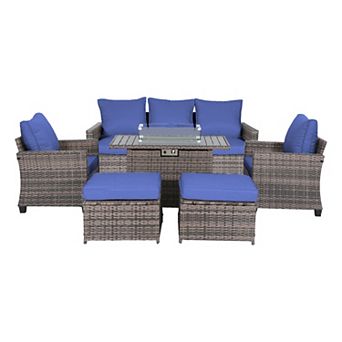 6 pc Outdoor Patio Furniture Set Sofa with Fireplace Table For Porch Balcony and Patio