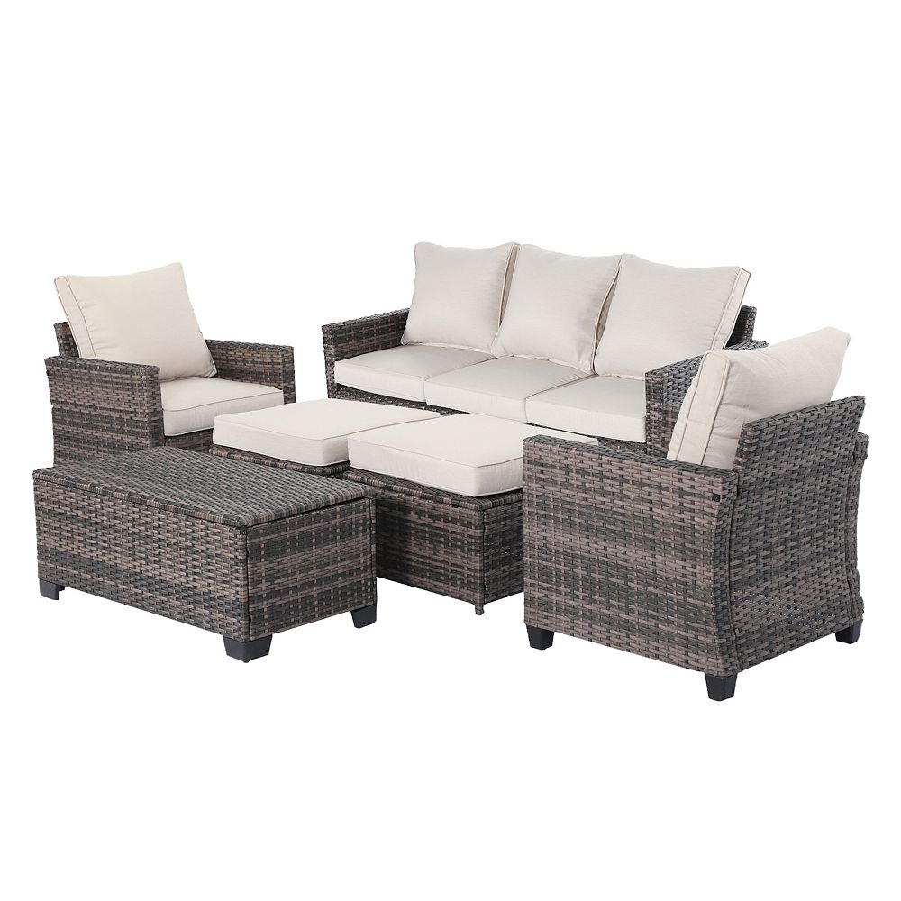6 Pieces Outdoor Patio Wicker Furniture Set with Coffee Table and Seat ...