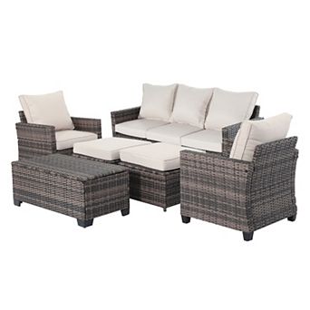 6 pc Outdoor Patio Wicker Furniture Set with Coffee Table and Seat and Cushions