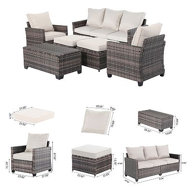 6 Pieces Outdoor Patio Wicker Furniture Set with Coffee Table and Seat and Cushions