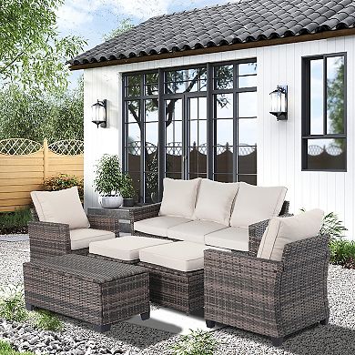 6 Pieces Outdoor Patio Wicker Furniture Set with Coffee Table and Seat and Cushions
