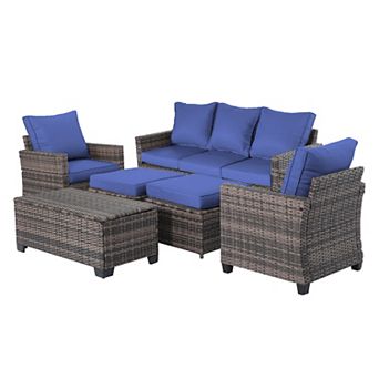 6 pc Outdoor Patio Wicker Furniture Set with Coffee Table and Seat and Cushions