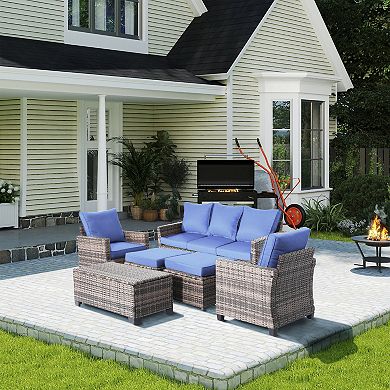 6 Pieces Outdoor Patio Wicker Furniture Set with Coffee Table and Seat and Cushions