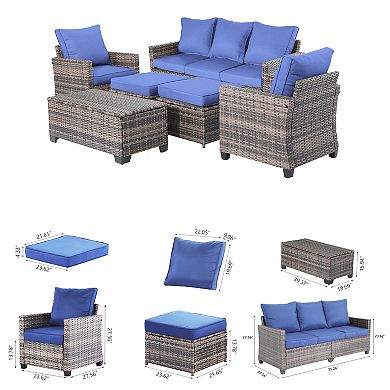6 Pieces Outdoor Patio Wicker Furniture Set with Coffee Table and Seat and Cushions