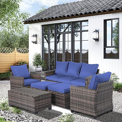 6 Pieces Outdoor Patio Wicker Furniture Set with Coffee Table and Seat and Cushions
