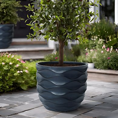 LuxenHome 17.4-Inch Round Waves MgO Planter