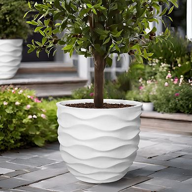 LuxenHome 17.4-Inch Round Waves MgO Planter