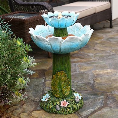 LuxenHome Solar Powered Blue Flower 2-Tier Resin Birdbath Fountain with Lights