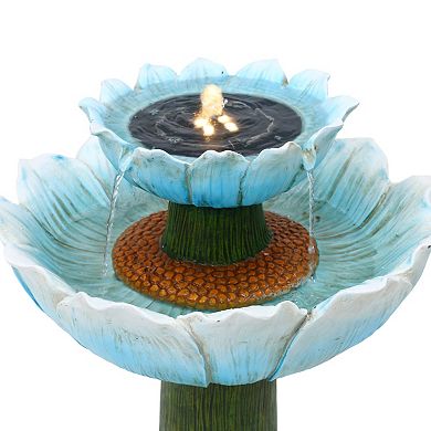 LuxenHome Solar Powered Blue Flower 2-Tier Resin Birdbath Fountain with Lights
