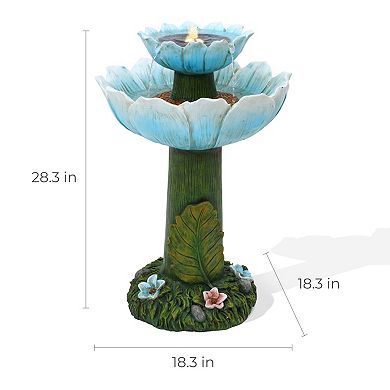 LuxenHome Solar Powered Blue Flower 2-Tier Resin Birdbath Fountain with Lights