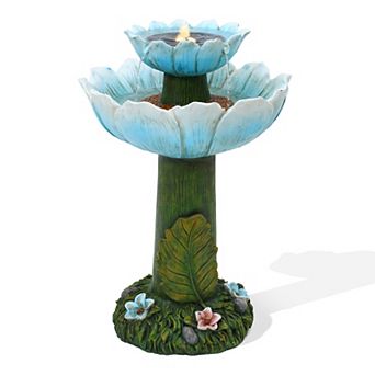 LuxenHome Solar Powered Blue Flower 2 tier Resin Birdbath Fountain with Lights