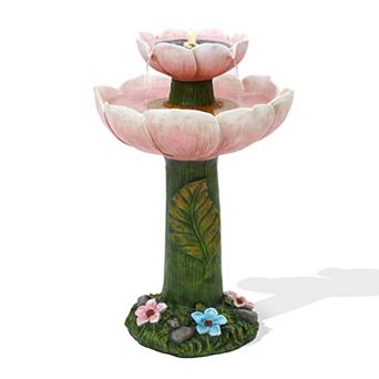 LuxenHome Solar Powered Blue Flower 2 tier Resin Birdbath Fountain with Lights