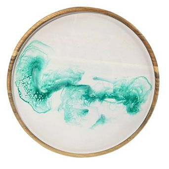 Acacia Wood Round Serving Tray with Epoxy Resin Art - White
