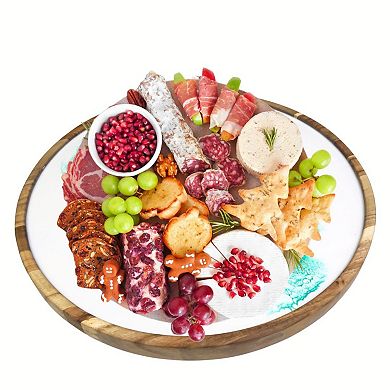 Acacia Wood Round Serving Tray with Epoxy Resin Art - White