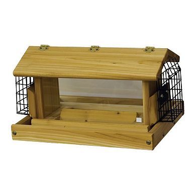 Stovall Standard Flip Top Mixed Seed Cedar Post Mount Hopper Bird Feeder with 2 Suet Cages