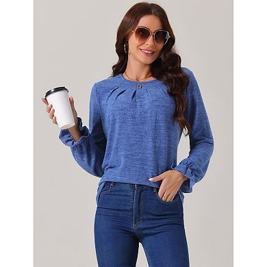 Women's Fall Winter Crew Neck Long Sleeve Elastic Cuff Casual Blouse Tops